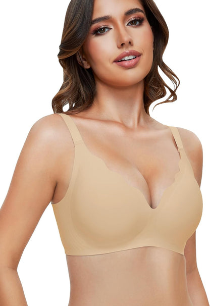 Seamless Wireless Women's Sleep Bras with Scalloped Deep V Design - Comfortable Everyday Bralettes Without Underwire