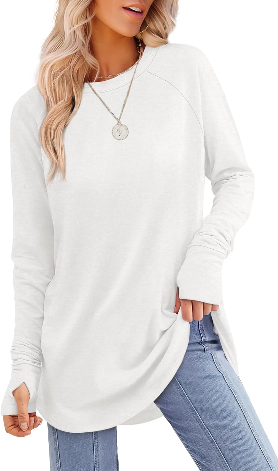 Womens Tunic Tops to Wear with Leggings Long Sleeve Thumb Hole Shirts Crew Neck Curved Hem