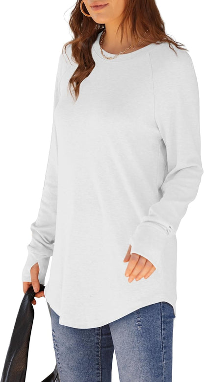 Womens Tunic Tops to Wear with Leggings Long Sleeve Thumb Hole Shirts Crew Neck Curved Hem