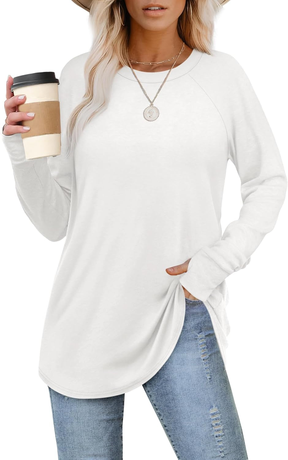 Womens Tunic Tops to Wear with Leggings Long Sleeve Thumb Hole Shirts Crew Neck Curved Hem